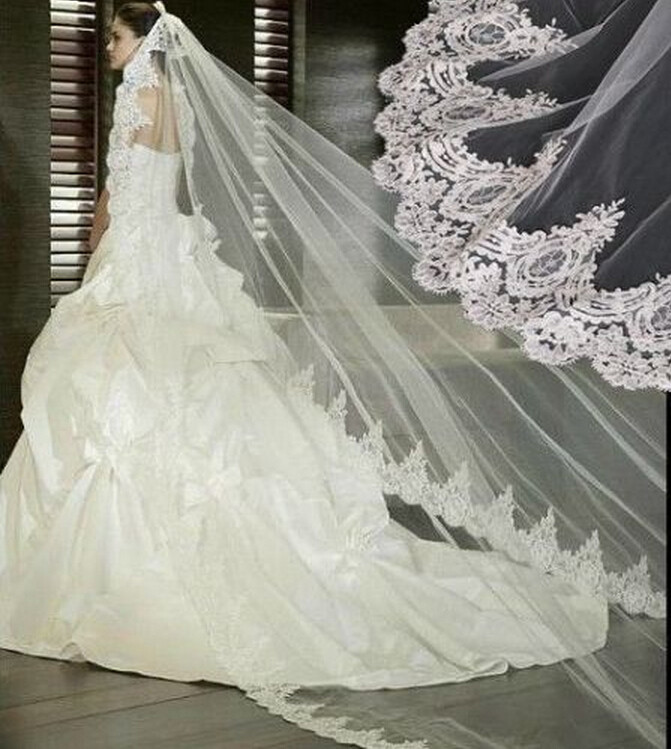 Wedding Veils For Sale Online
 Hot Sale Cathedral Wedding Veils Lace Appliques Veil Ivory