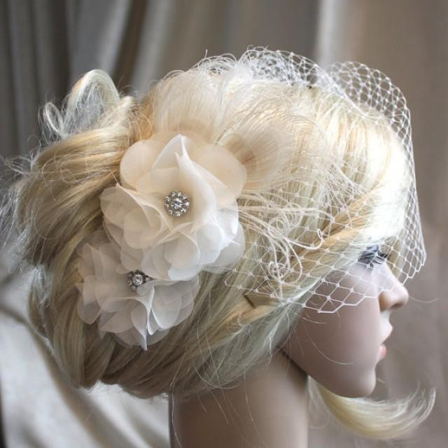 Wedding Veils With Flowers In Hair
 Ivory Silk Organza Flowers Hair Clip And Birdcage Veil