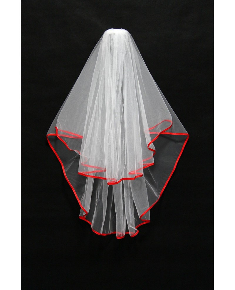 Wedding Veils With Red Trim
 Simple white tulle wedding veil with red satin trim BV061
