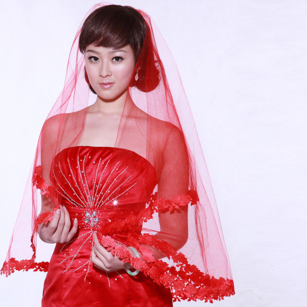 Wedding Veils With Red Trim
 Modern Lace trim Red Gauze Wedding Veil Wedding Veils