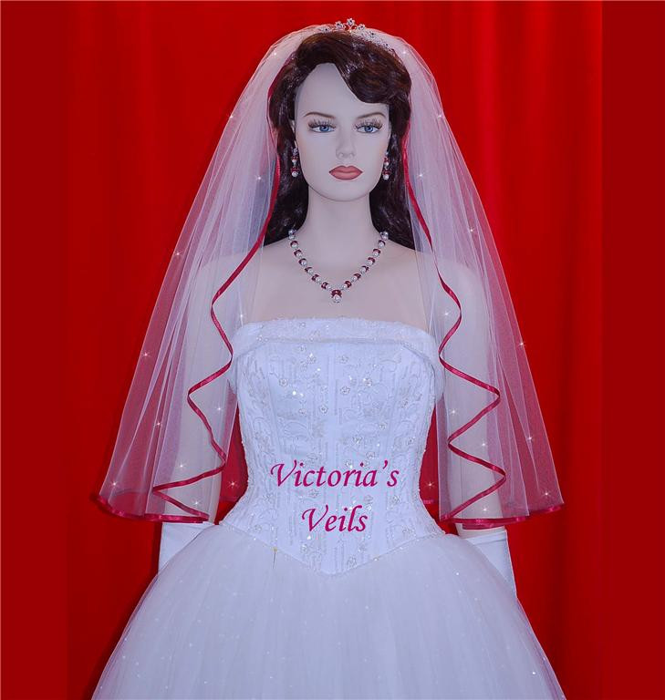 Wedding Veils With Red Trim
 Apple Red Swarovski Crystal Bridal Wedding Veil 30" 48R2
