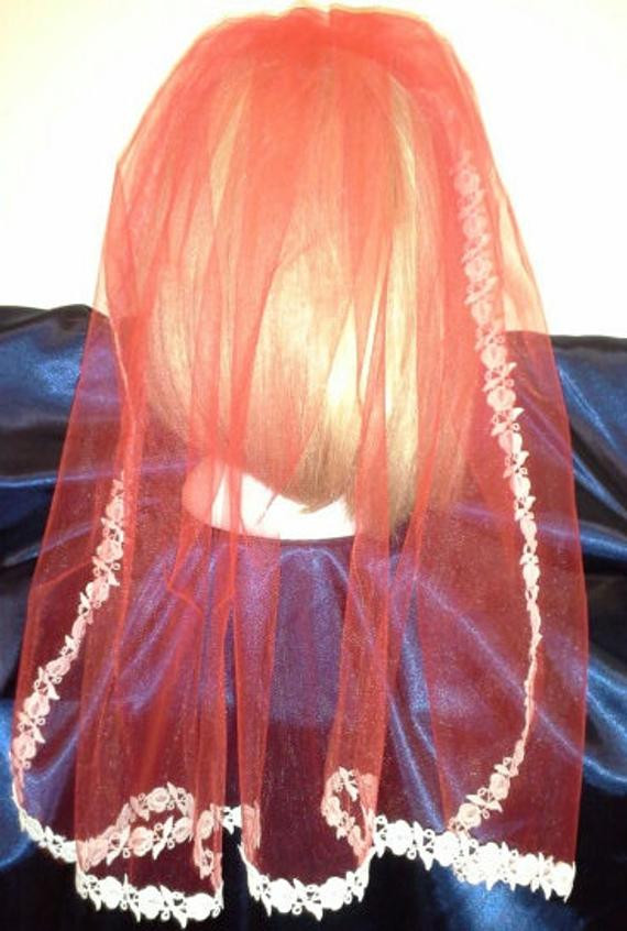 Wedding Veils With Red Trim
 Red Bridal Veil with white Rose Lace Trim by LorraineBridal