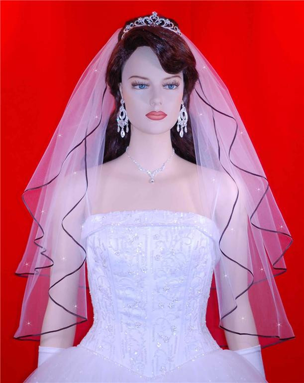 Wedding Veils With Red Trim
 Bridal Wedding Veil 2 Tier Black Edge Swarovski Crystal 25