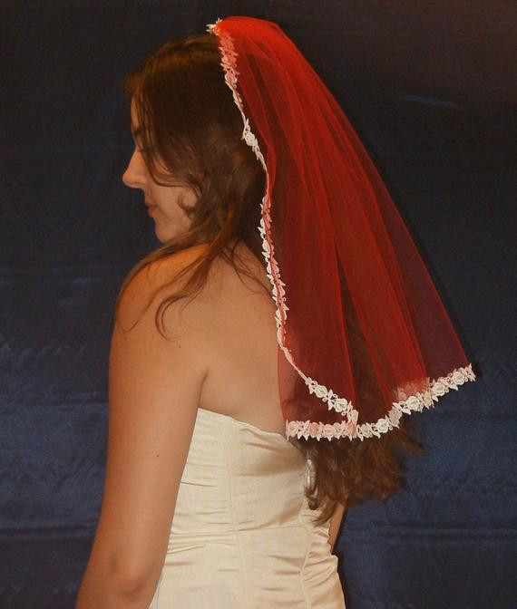 Wedding Veils With Red Trim
 Red Bridal Veil with white Rose Lace Trim shoulder length