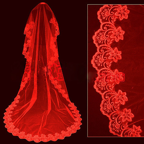 Wedding Veils With Red Trim
 Elegant Embroidery Lace trim Red Gauze Tailing Wedding