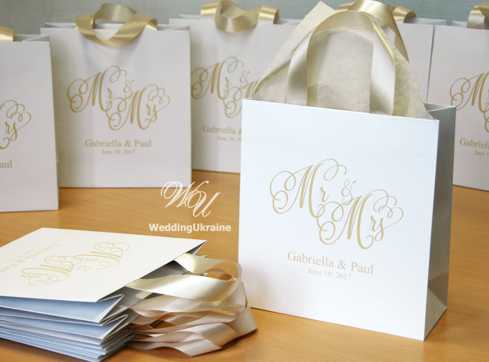 Wedding Welcome Gift Bags
 35 Champagne Wedding Wel e Bags with satin ribbon and names