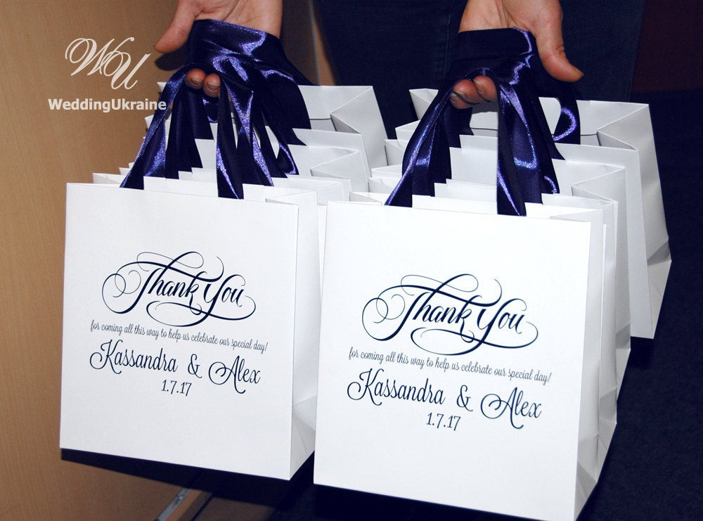 Wedding Welcome Gift Bags
 30 Wedding Wel e Bags with Navy Blue satin ribbon & names