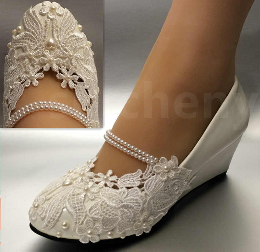 Wedge Shoes For Wedding
 White light ivory lace Wedding shoes flat low high heel