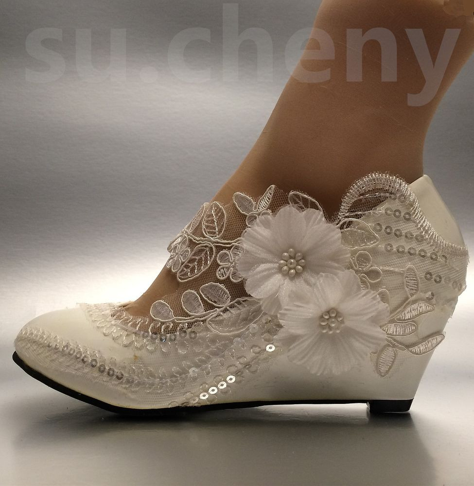 Wedge Shoes For Wedding
 Lace white ivory crystal sequin daisy Wedding shoes Bride