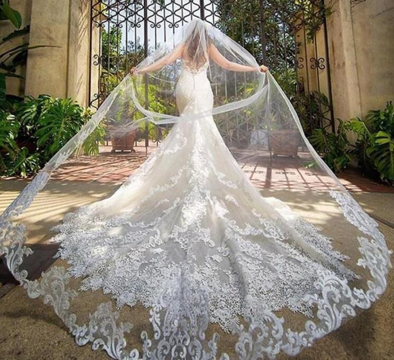 What Are Wedding Veils Made Of
 Custom Made 4M Bridal Veils With Lace Applique Edge Long