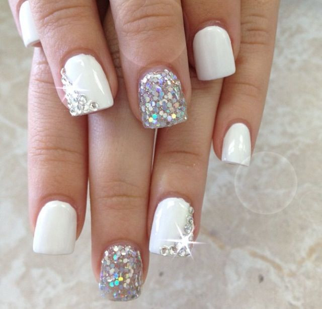 White Acrylic Nails With Glitter
 150 Colorful Nail Designs for EVERY Color Nail Designs