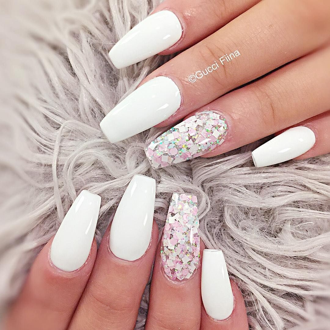 White Acrylic Nails With Glitter
 Pin on nails