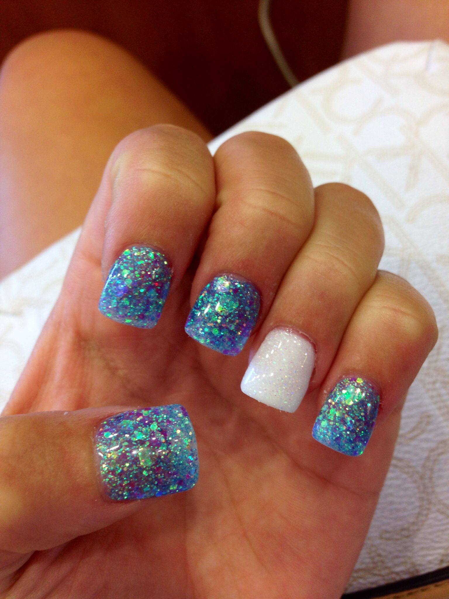 White Acrylic Nails With Glitter
 Opalescent blue nails white white glitter accent