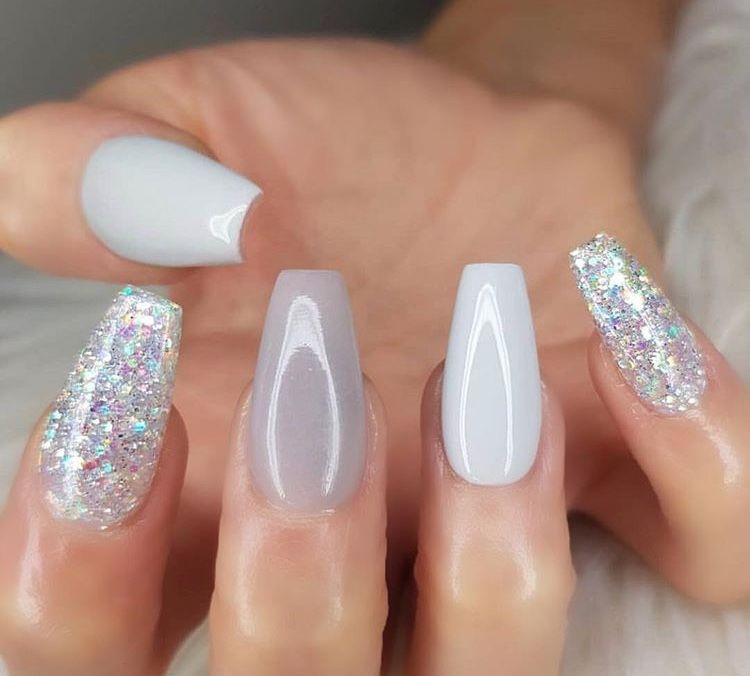 White Acrylic Nails With Glitter
 soft white silver grey gray sparkles glitter coffin