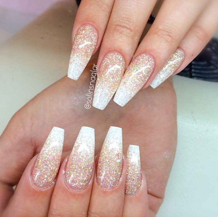 White Acrylic Nails With Glitter
 White and gold coffin nails LOVE ŋąıƖʂ