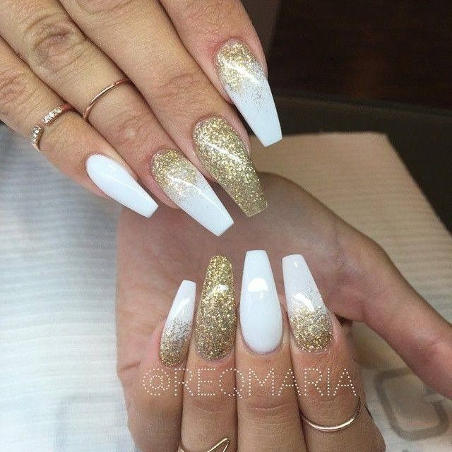 White Acrylic Nails With Glitter
 White and gold glitter long coffin nails Nails