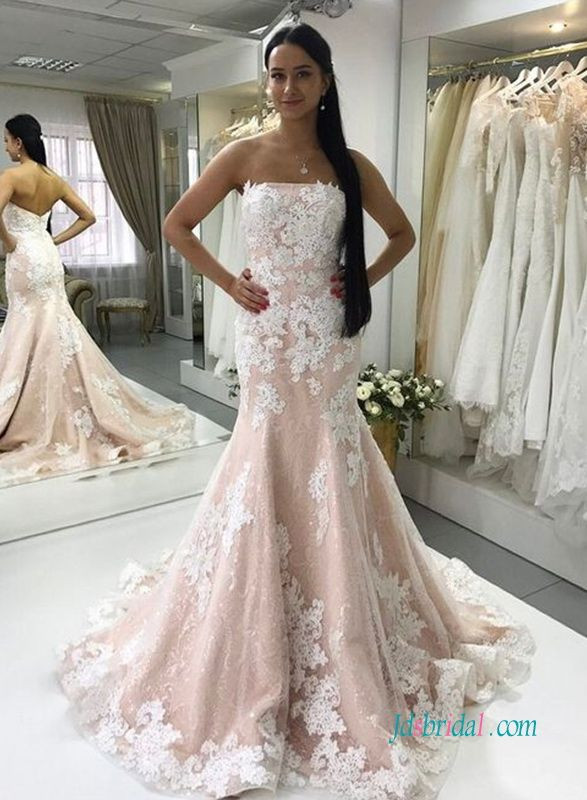 White And Pink Wedding Dress
 Blush pink with white lace mermaid wedding dress