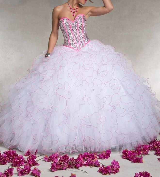 White And Pink Wedding Dress
 White Pink Beaded Ball Gown Quinceanera Prom Pageant Party