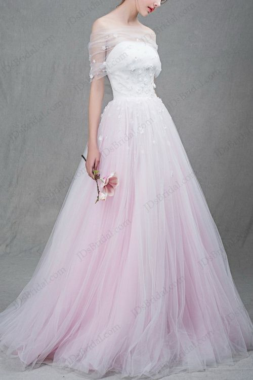 White And Pink Wedding Dress
 IS037 Beautiful white and blush pink two tones tulle ball
