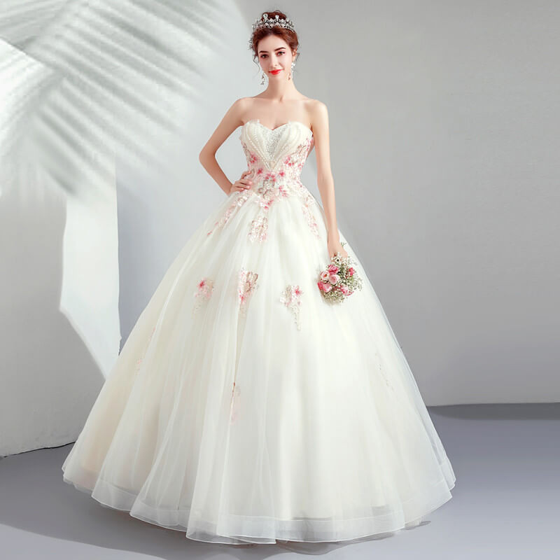 White Wedding Gown
 White Wedding Dress With Pink Strapless Ball Gown