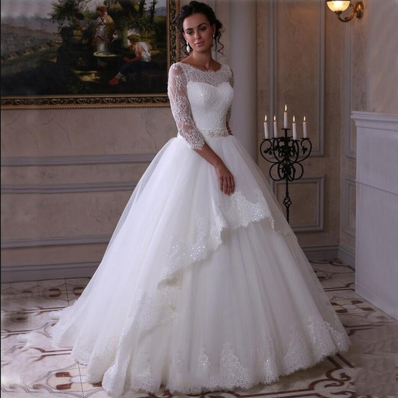 White Wedding Gown
 Elegant White Lace Ball Gown Princess Wedding Dress 2016