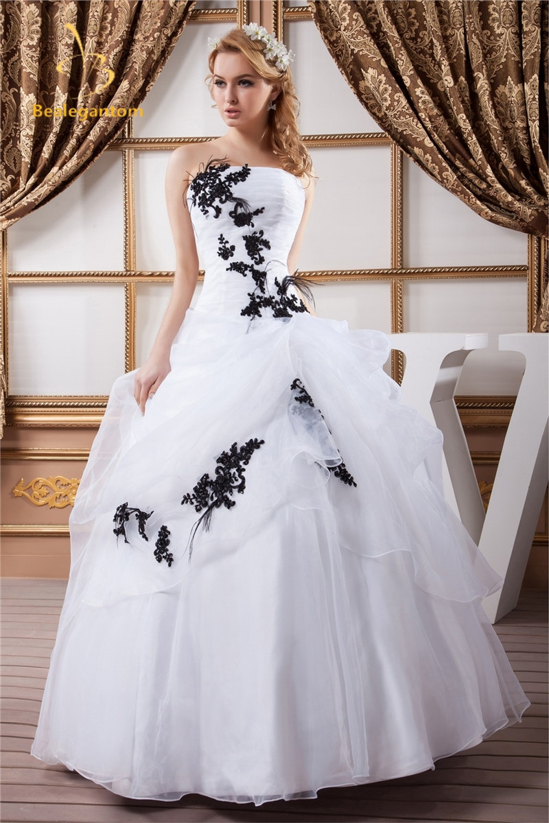White Wedding Gown
 Bealegantom y Fashion Black Appliques White Ball Gown