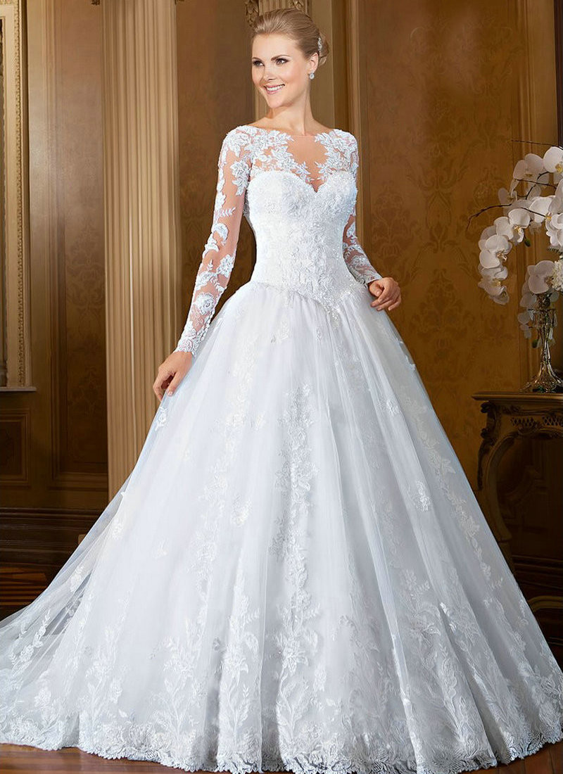 White Wedding Gown
 White Long Sleeve Lace Wedding Dresses Muslim vestidos de