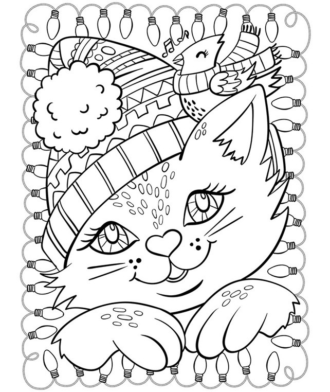 Winter Coloring Pages For Adults
 Christmas Cat and Cardinal Coloring Page