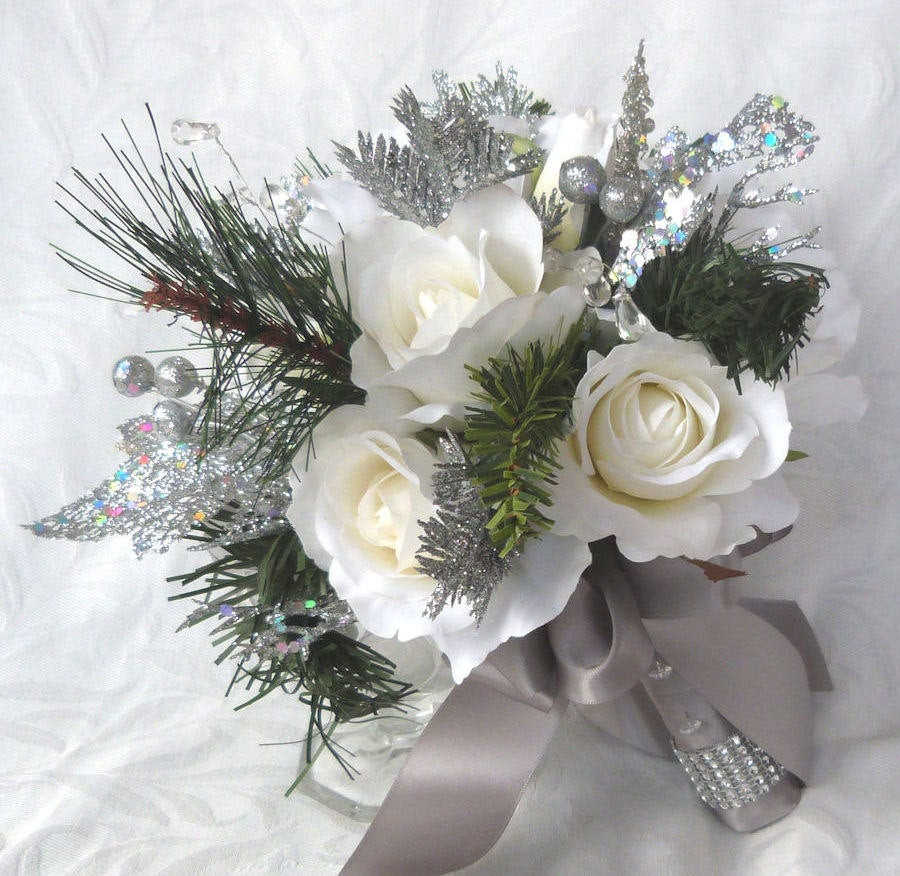 Winter Flowers Wedding
 Winter wedding bouquet and boutonniere white roses silver