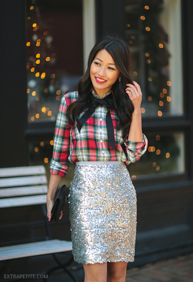 Work Christmas Party Outfit Ideas
 Plaid Bow Sequins Holiday office party outfit ideas