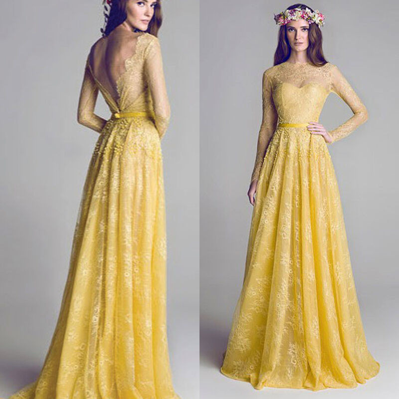 Yellow Dresses For Wedding
 Yellow Lace Long Sleeves Pageant Evening Prom Bridal Party
