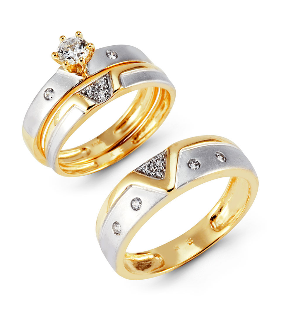 14k Gold Wedding Ring Sets
 Two Tone 14k Gold CZ Cluster Solitaire Wedding Ring Set
