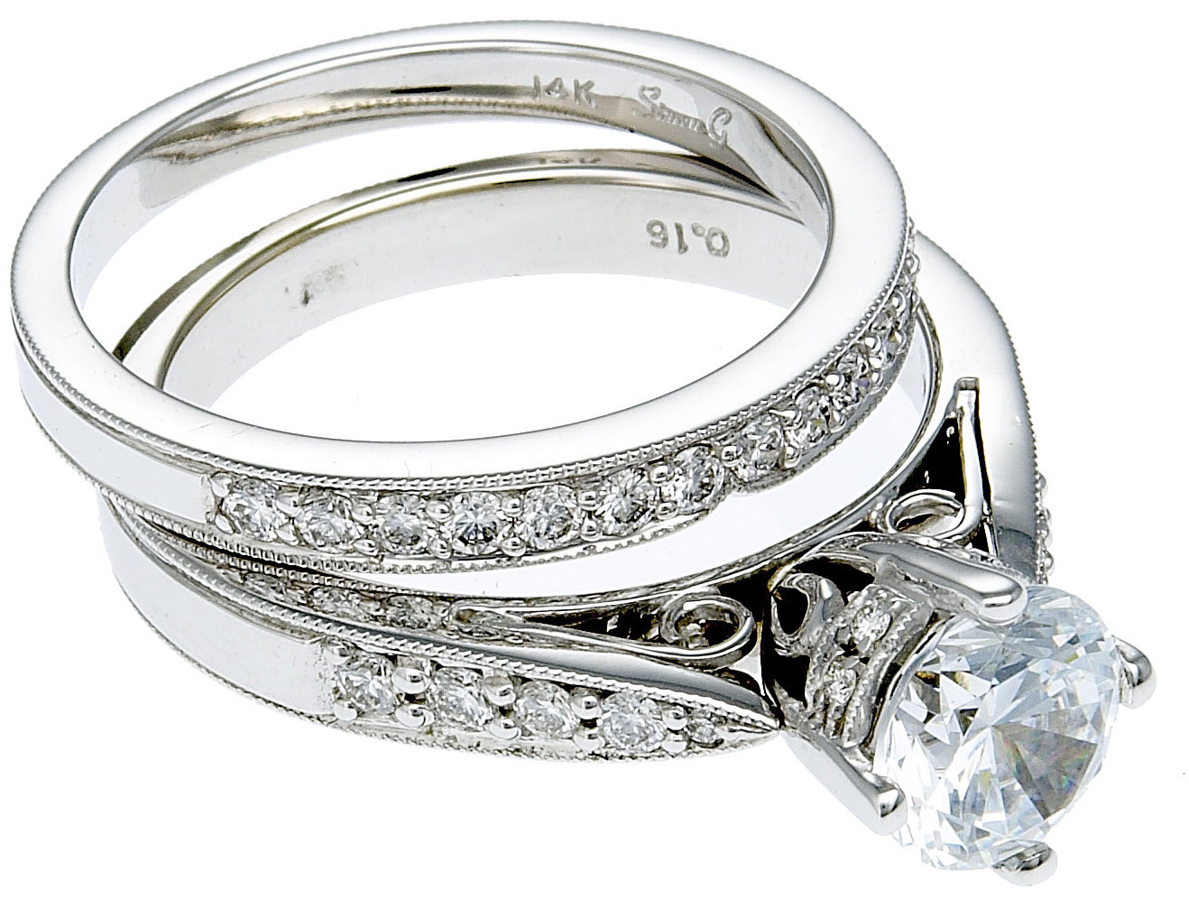 14k Gold Wedding Ring Sets
 14K White Gold Diamond Engagement Ring & Band