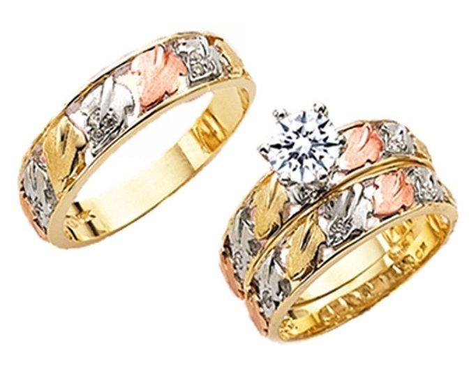 14k Gold Wedding Ring Sets
 14k Yellow Gold Trio Cubic Zirconia His & Her Bridal Set