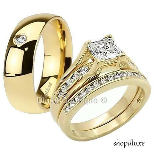 14k Gold Wedding Ring Sets
 HIS HERS 3 PIECE MEN S WOMEN S 14K GOLD PLATED WEDDING