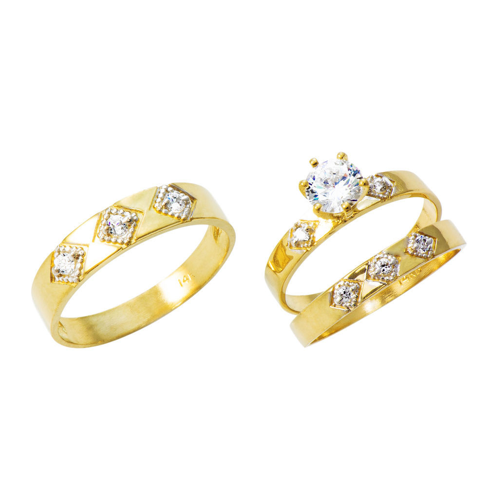 14k Gold Wedding Ring Sets
 14K Yellow Gold CZ Engagement Wedding Trio Ring Set 1 0
