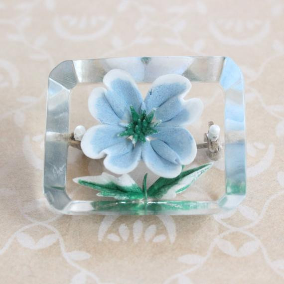 Acrylic Brooches
 Vintage Reverse Carved Lucite Flower Brooch Pin Square Blue