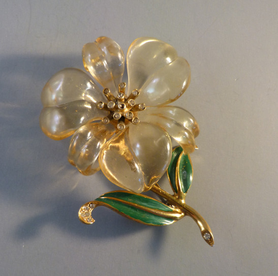 Acrylic Brooches
 LUCITE petals flower brooch with green enameled leaves