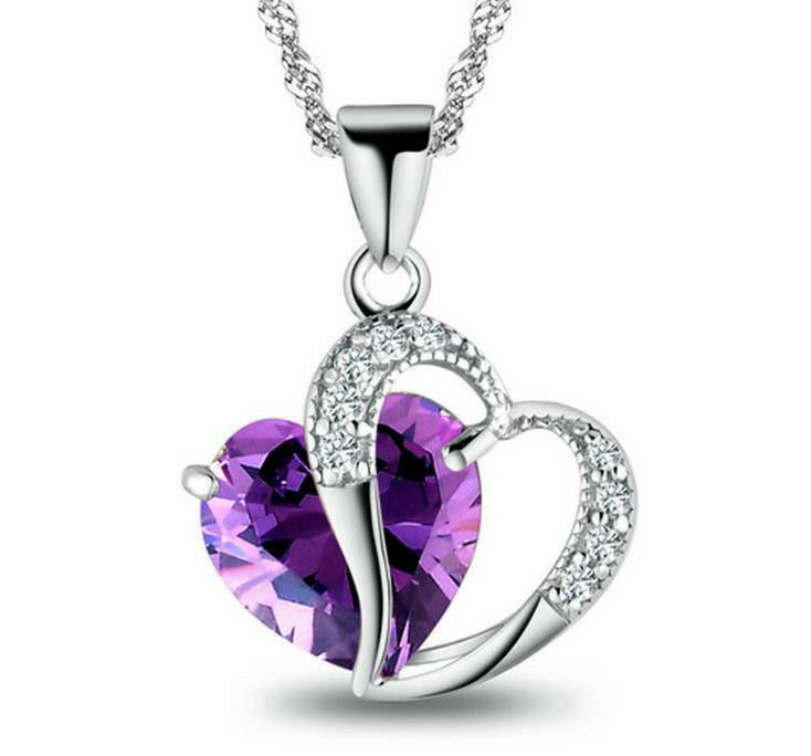 Amethyst Heart Necklace
 Womens 925 Sterling Silver Necklace Chain Amethyst Crystal