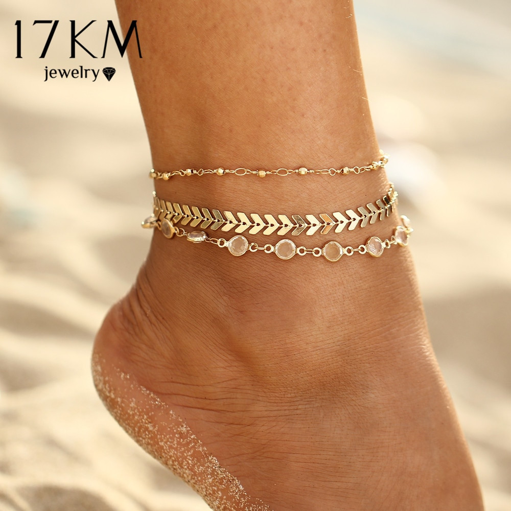 Anklet Style
 17KM Crystal Sequins Anklet Set For Women Beach Foot