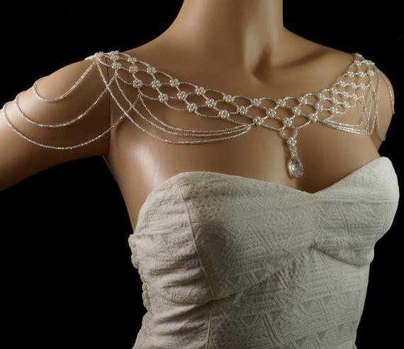 Beaded Body Jewelry
 Silver Czech glass pearl beaded Swarovski shoulder necklace