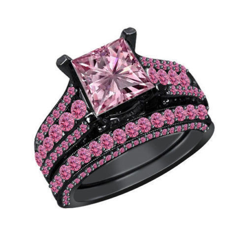 Black And Pink Wedding Ring Sets
 3Ct Princess & Rd Pink Sapphire 14k Black Gold Fn La s