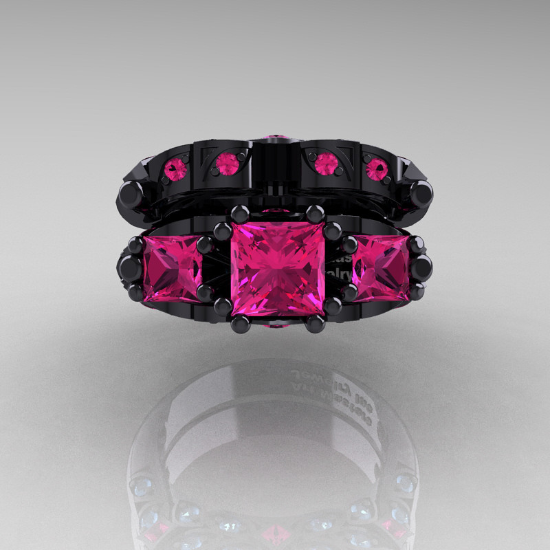 Black And Pink Wedding Ring Sets
 Designer Classic 14K Black Gold Three Stone Princess Pink