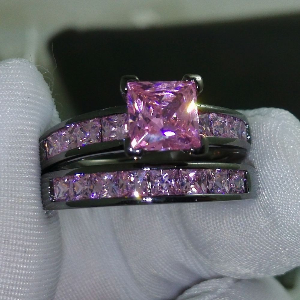 Black And Pink Wedding Ring Sets
 Sz 5 10 Princess Cut Pink sapphire 10kt black Gold Filled