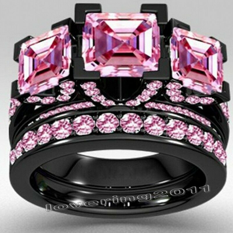 Black And Pink Wedding Ring Sets
 Women Princess cut Pink Sapphire Cz Black Gold 925 Silver