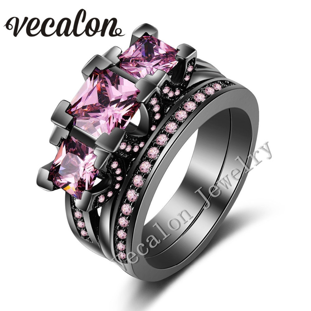 Black And Pink Wedding Ring Sets
 Vecalon Black Gold Filled Women Engagement Wedding Band