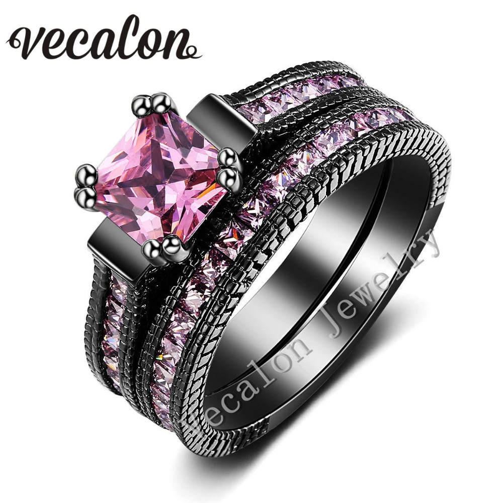 Black And Pink Wedding Ring Sets
 Vecalon Vintage Wedding Band Ring Set for Women Pink stone