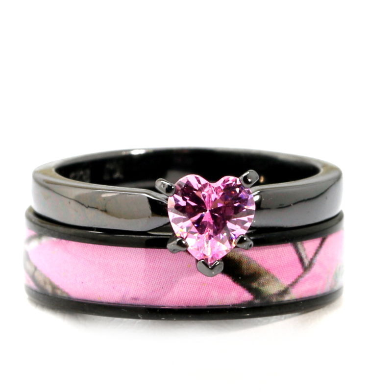 Black And Pink Wedding Ring Sets
 Black Plated Pink Heart CZ CAMO WEDDING RINGS Bridal