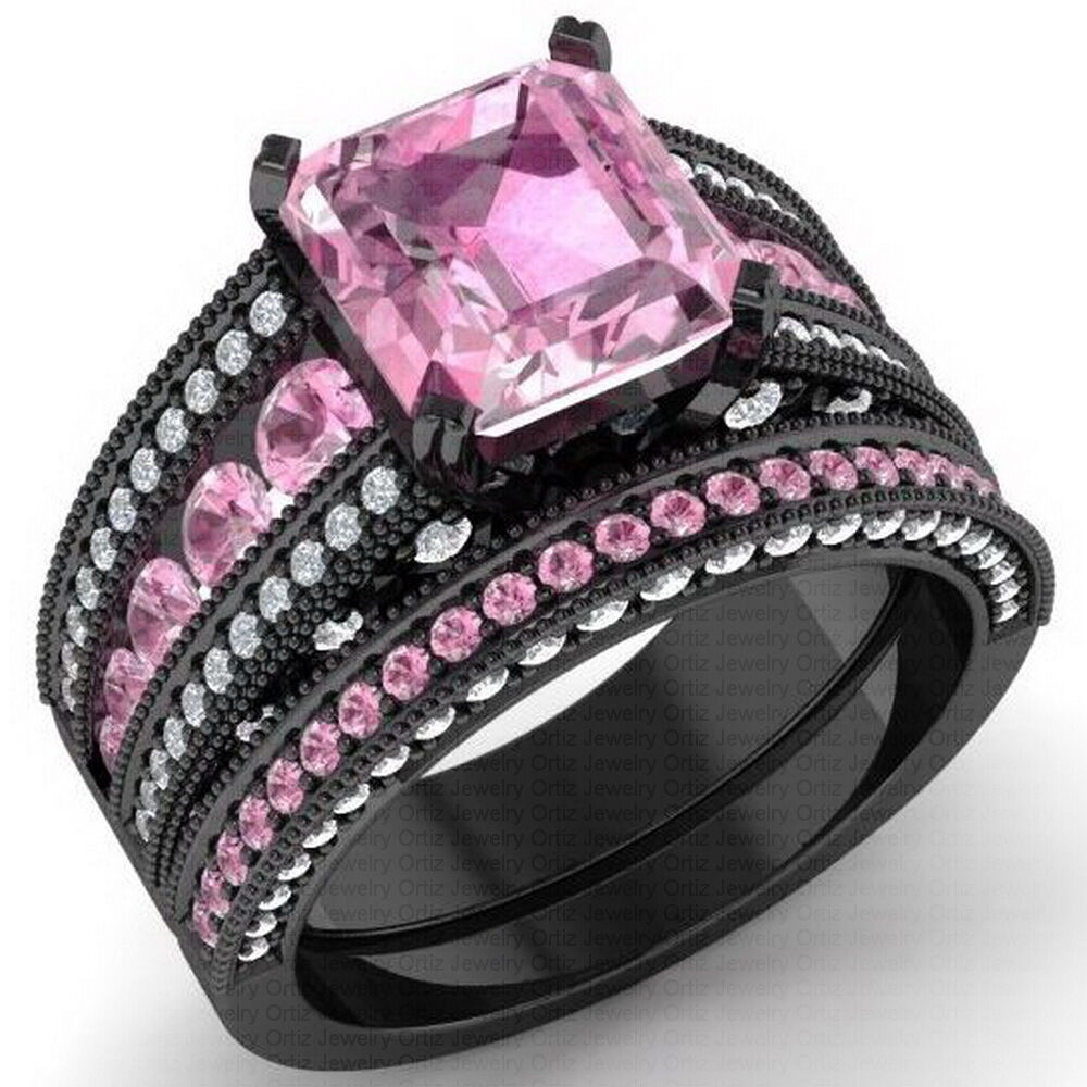 Black And Pink Wedding Ring Sets
 925 Black Sterling Silver CZ Moissanite Pink Radiant