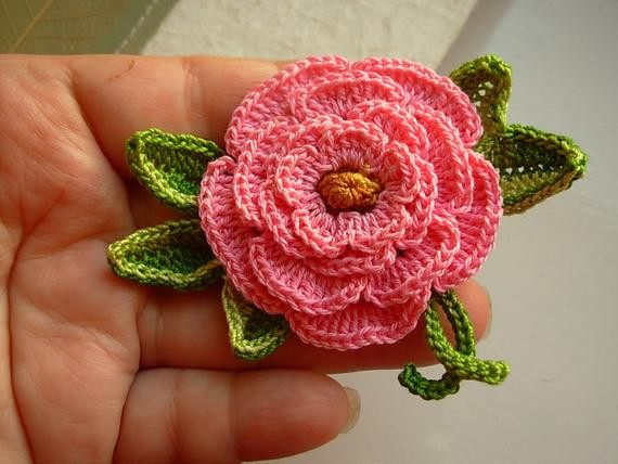 Brooches Pattern
 Crochet pink irish rose 3d flower brooch pin cotton floral